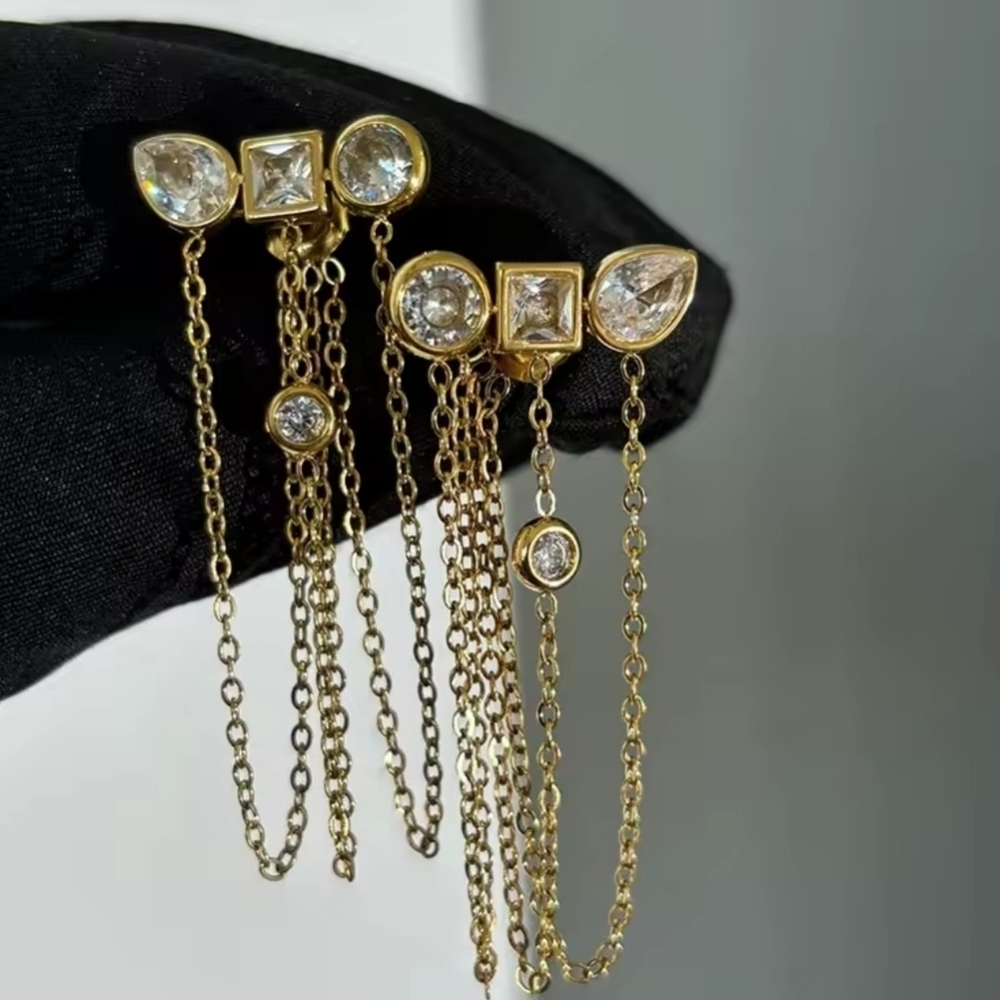 New Gold Triple Chain Bezel CZ Drop Earrings Gold Plated Set And Stones | NWOT